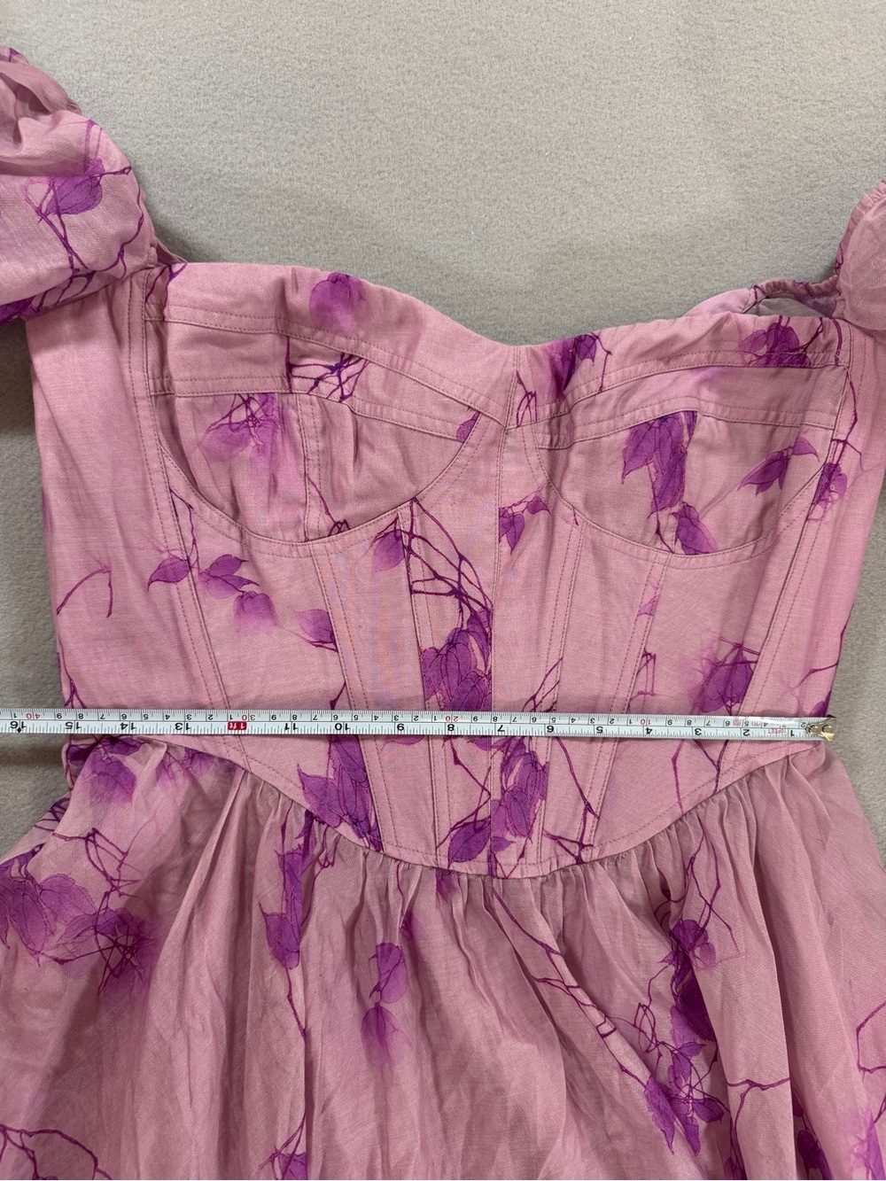Whimsical Garden Party Fairy Bardot Kiah Corset Mini Dress Purple Floral Puff - Picture 15 of 16